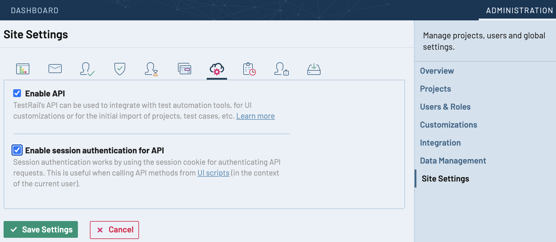 Test Rail enable API