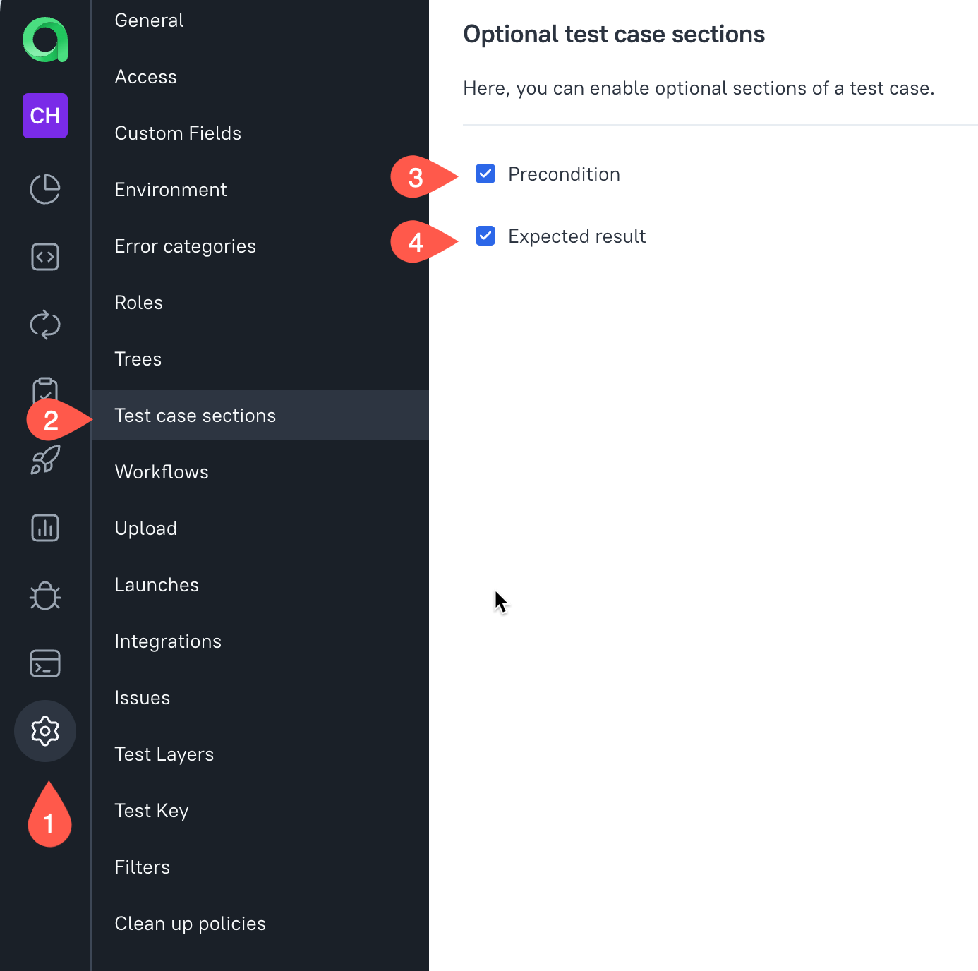Enable test cases sections